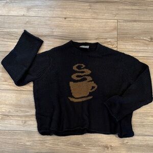 Wooden Ships Black Oversized Sweater with Coffee Cup Motif